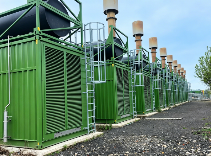 Row of green containerized coal bed methane generators